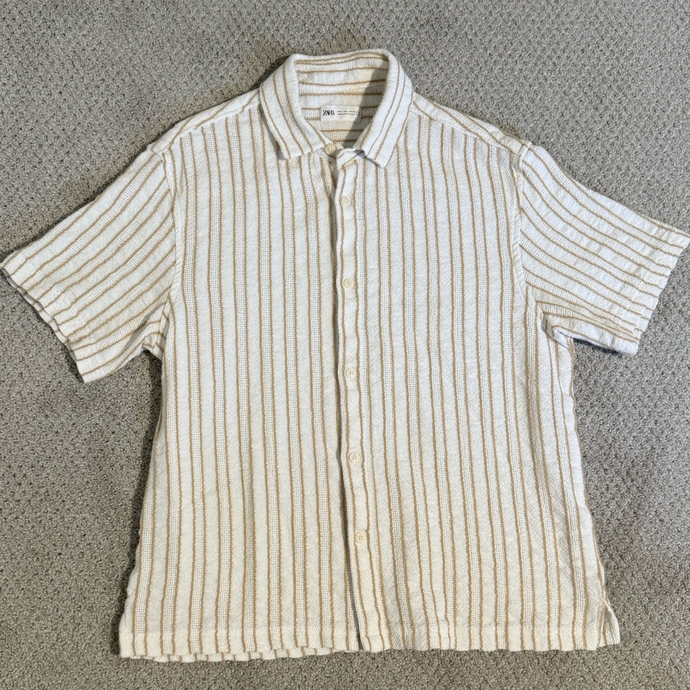 New Zara Cream and Brown Casual Button Down Shirt
